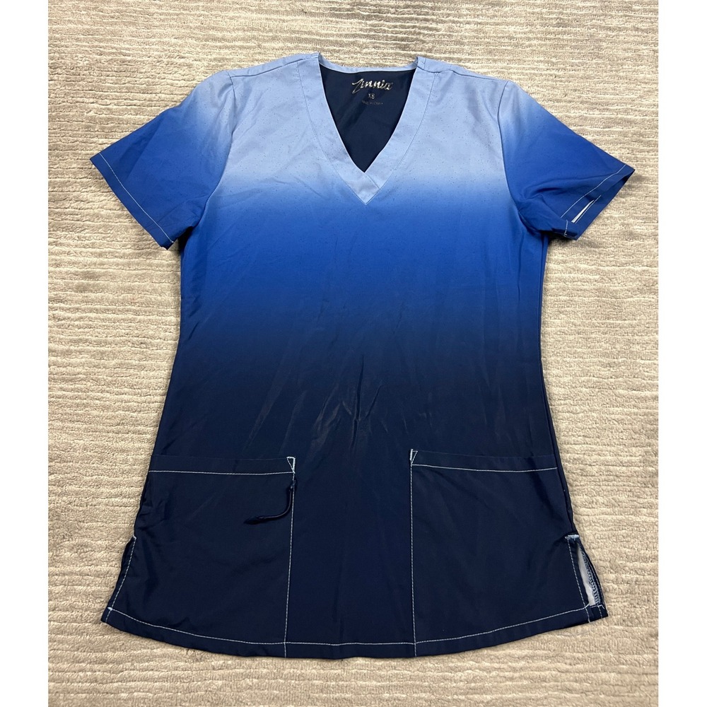 Zinnia Scrub Top Women XS Blue Ombre 603CLIN V-Neck Short Sleeve Stretch Pockets